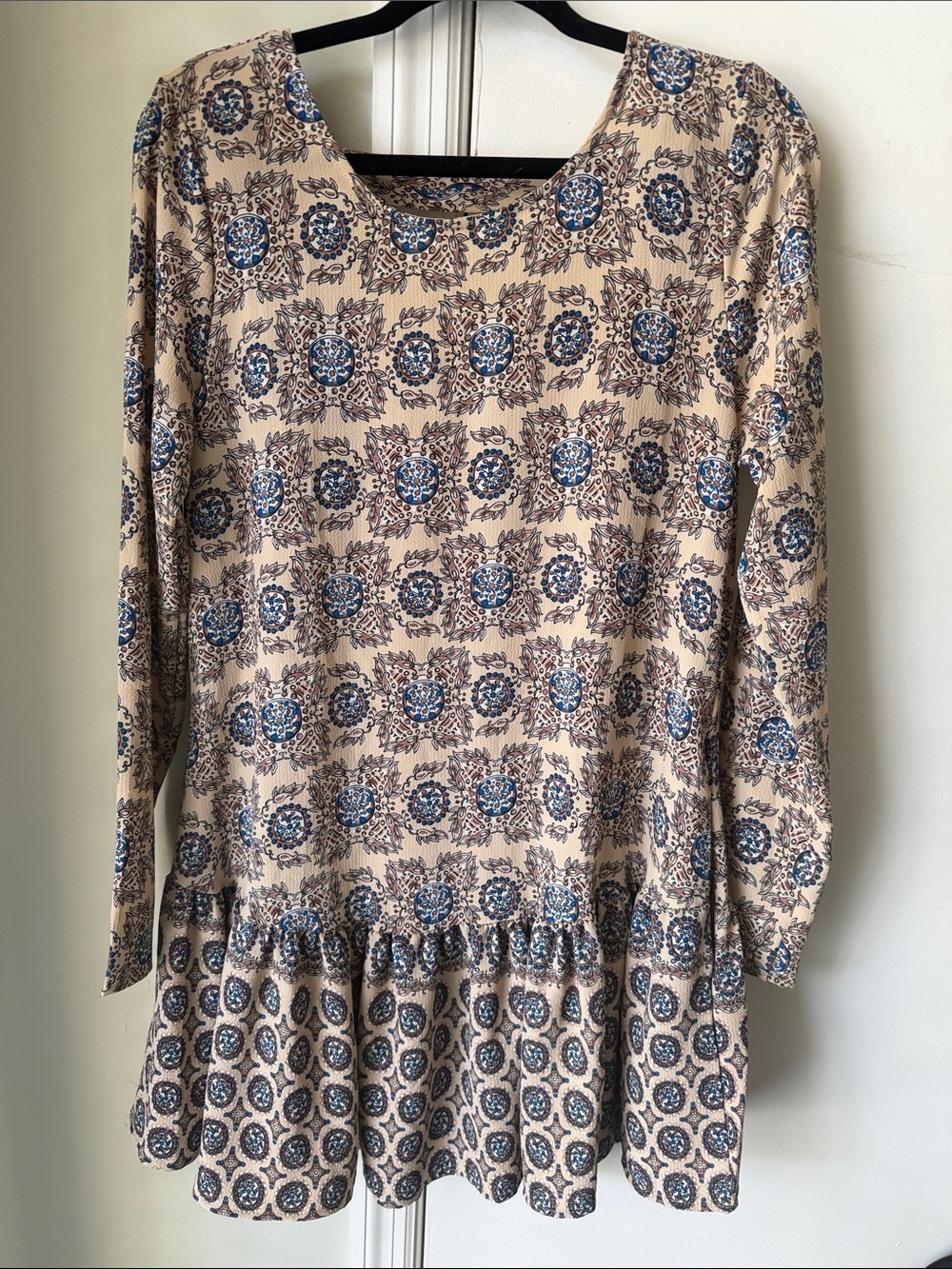entro Beige Long-Sleeve Peplum Dress with Blue Floral Medallions